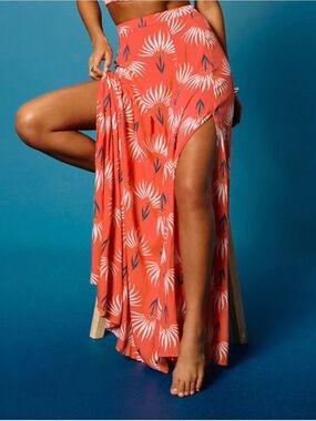 Lulus Trancoso Coral Tropical Print Maxi Skirt w/ Resort Side Slit - M